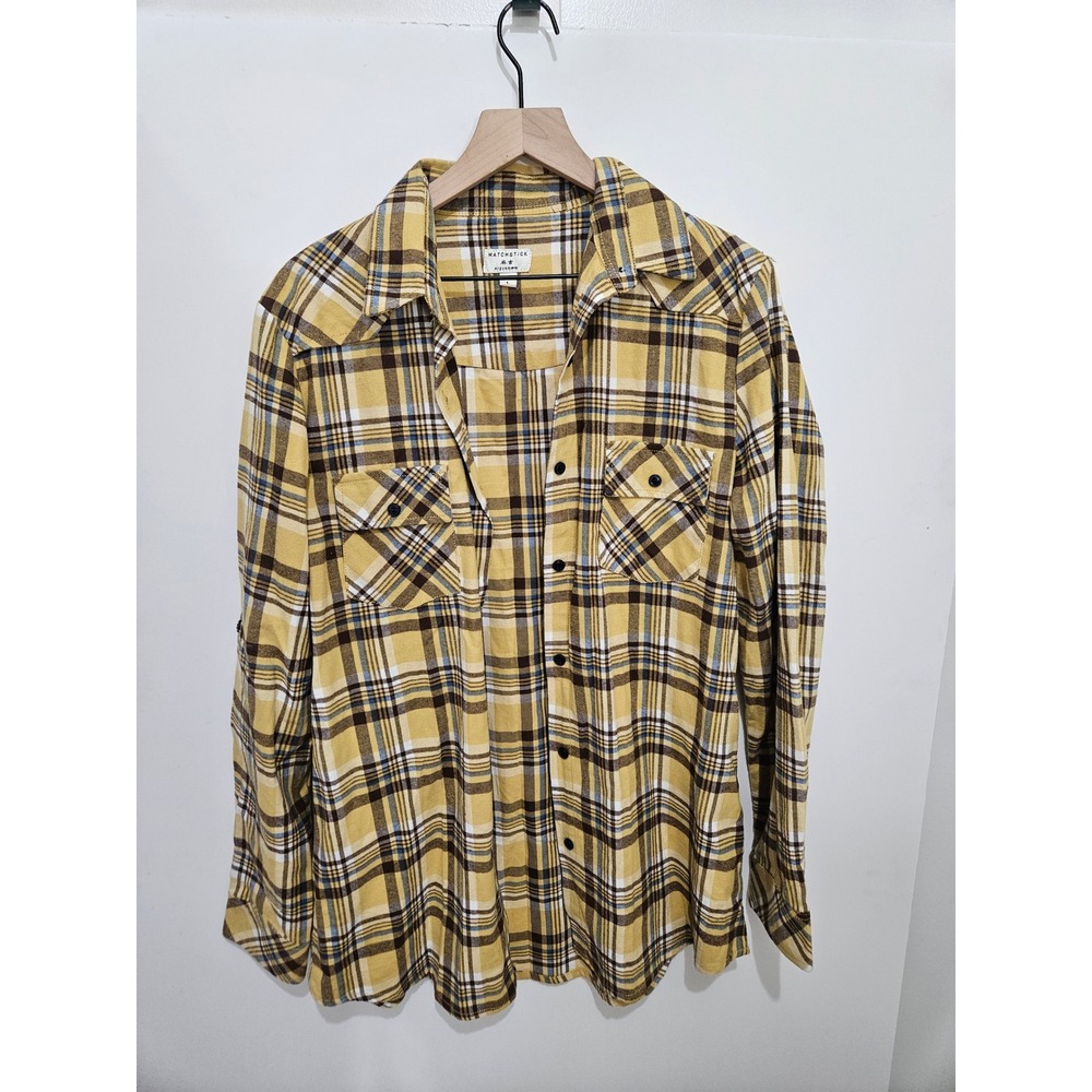 Matchstick Yellow Plaid Flannel Button Down Shirt Womens Large 100%‎ Cotton
